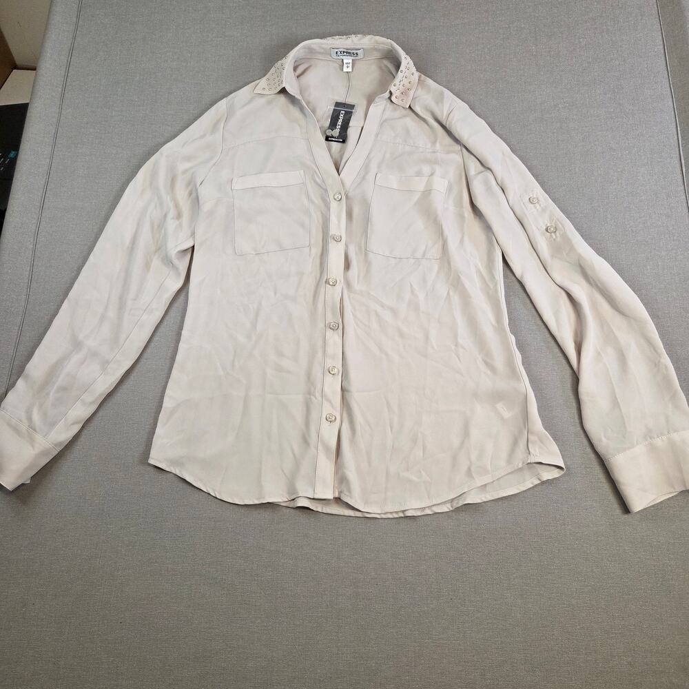 Express Portofino Blouse Women’s Beige Button Front Shirt Size S NWT